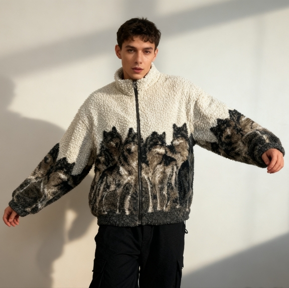 sweater Other - Vintage Wolf Graphic Fuzzy Sherpa Zip-Up Jacket Cream Brown Size M